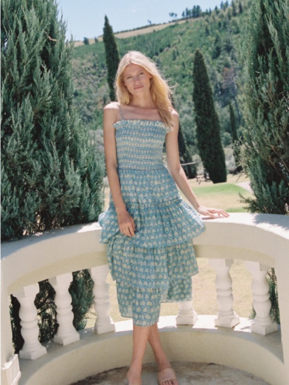 OLIPHANT TIE-STRAP SMOCKED MIDI - LISBON BLUE GOLD